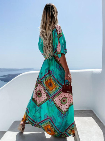 マキシドレス半袖オレンジプリント柄Vネックポリエステル床丈サマードレス