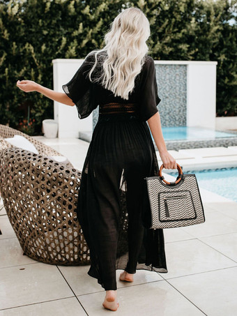 カバーアップ ホワイト レースアップ Vネック ハーフスリーブ サマービーチ水着 カバーアップ