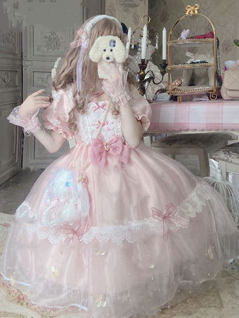 Sweet Lolita OP Dress Polyester Short Sleeves Bows Ruffles Lace Pink Lolita One Piece Dress