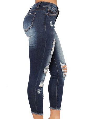 女性のジーンズディープブルーボタンジッパーフライ不規則な高層ウエストテーパードフィットカウボーイデニムパンツ
