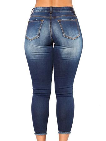 女性のジーンズディープブルーボタンジッパーフライ不規則な高層ウエストテーパードフィットカウボーイデニムパンツ