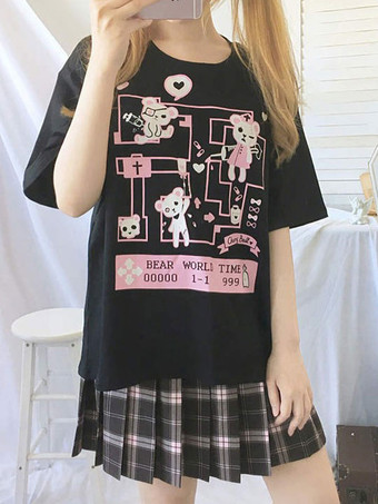 Lolita Blusa Para Mulher Preto Poliéster Jewel Neck Mangas Curtas Camiseta Casual