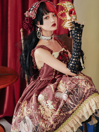 Sweet Lolita JSK Dress Burgundy Polyester Sleeveless Bow Floral Print Pattern Sweet Lolita Jumper Skirt