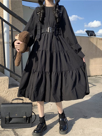 ゴシックロリータOPドレス 長袖フリルポリエステルロリータワンピースドレス 黒