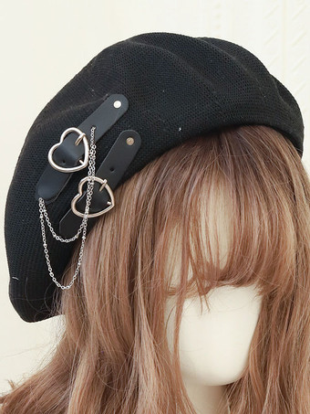 Sweet Lolita Hat Chains Accessori Hearts Pattern Cappello Lolita in poliestere nero Black