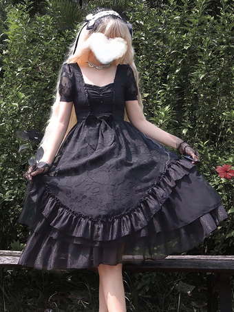 Gothic Lolita OP Dress Black Short Sleeve Polyester Ruffles Bows Lace Tiered Lolita One Piece Dress