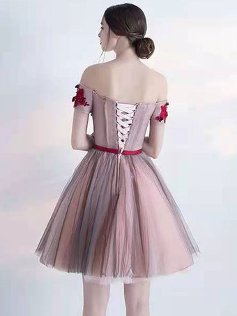 ブルゴーニュの帰省のドレス2025チュールオフショルダーボールガウンノースリーブのビーズの短いドレス