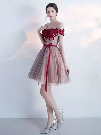 ブルゴーニュの帰省のドレス2025チュールオフショルダーボールガウンノースリーブのビーズの短いドレス