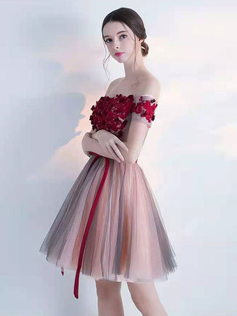 ブルゴーニュの帰省のドレス2025チュールオフショルダーボールガウンノースリーブのビーズの短いドレス