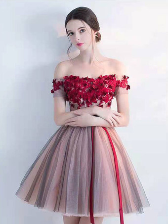 ブルゴーニュの帰省のドレス2025チュールオフショルダーボールガウンノースリーブのビーズの短いドレス