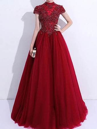 バーガンディーウエディングドレスブルーグレーボールガウンハイカラーチュール半袖ビーズフロアレングスウェディングゲストドレス