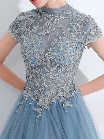 ウエディングドレスブルーグレーボールガウンハイカラーチュール半袖ビーズフロアレングスウェディングゲストドレス