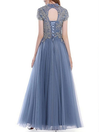 ウエディングドレスブルーグレーボールガウンハイカラーチュール半袖ビーズフロアレングスウェディングゲストドレス