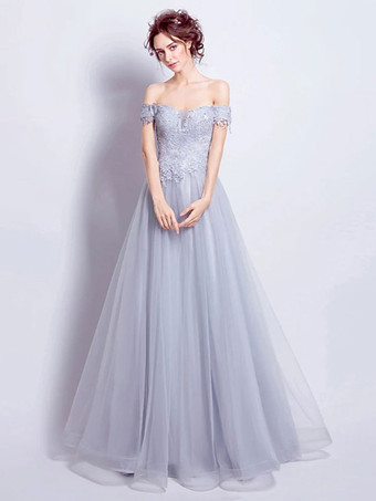 Prom Dress 2024 Light Gray Tulle Off-The-Shoulder Ball Gown Short Sleeves Applique Floor-Length Pageant Dresses Wedding Guest Dresses