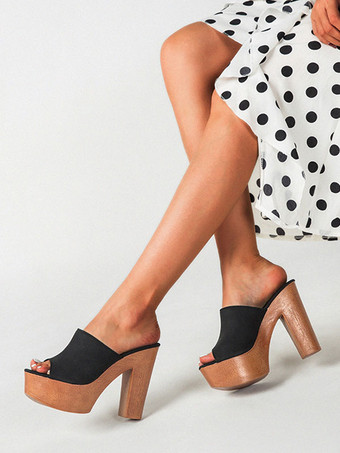 ブラック 女性サンダル テリー スライド オープントゥ チャンキーヒール スリッポン ヒール サンダル