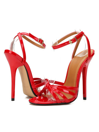 女性のスチレットヒールスリングバックPUレザーサンダルブラックアンクルストラップヒール