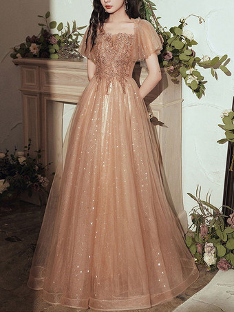 プロムドレスブラウン 夜会服 オフショルダー チュール 半袖 ビーズ マキシレングス ページェントドレス ウェディングゲストドレス 自由なカスタマイズ