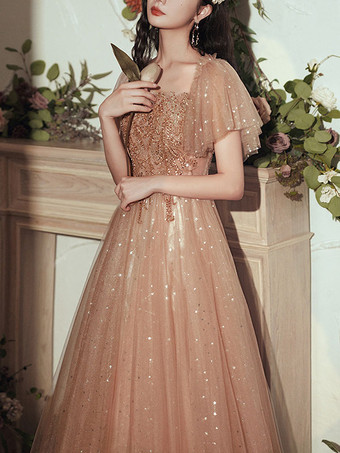 プロムドレスブラウン 夜会服 オフショルダー チュール 半袖 ビーズ マキシレングス ページェントドレス ウェディングゲストドレス 自由なカスタマイズ