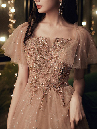 プロムドレスブラウン 夜会服 オフショルダー チュール 半袖 ビーズ マキシレングス ページェントドレス ウェディングゲストドレス 自由なカスタマイズ