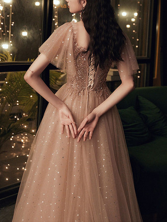 プロムドレスブラウン 夜会服 オフショルダー チュール 半袖 ビーズ マキシレングス ページェントドレス ウェディングゲストドレス 自由なカスタマイズ