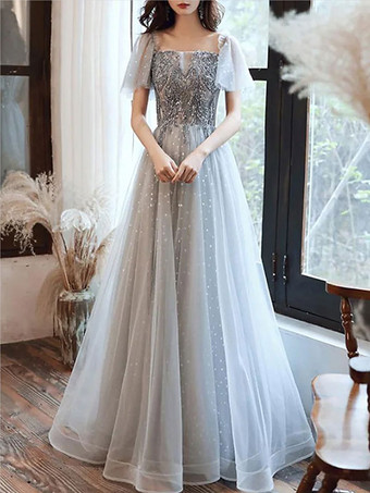 シルバープロムドレスブラウン 夜会服 オフショルダー チュール 半袖 ビーズ マキシレングス ページェントドレス ウェディングゲストドレス 自由なカスタマイズ