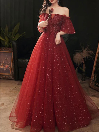 バーガンディープロムドレスブラウン 夜会服 オフショルダー チュール 半袖 ビーズ マキシレングス ページェントドレス ウェディングゲストドレス 自由なカスタマイズ