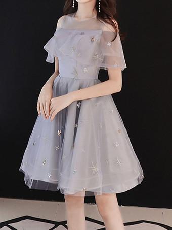 Prom Dress Light Gray Lace Illusion Neckline Ball Gown Short Sleeves  Ruffles Pageant Dresses - Milanoo.com