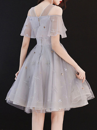 ウエディングドレスライトグレーレースイリュージョンネックラインボールガウン半袖フリルページェントドレス