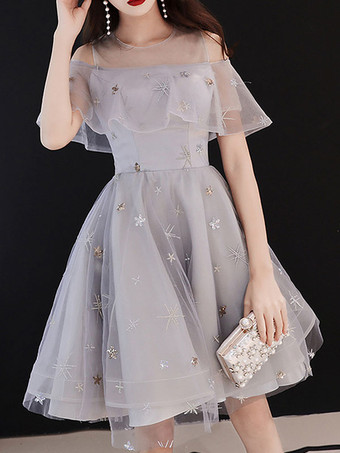 ウエディングドレスライトグレーレースイリュージョンネックラインボールガウン半袖フリルページェントドレス