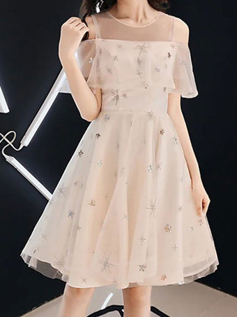 シャンパンウエディングドレスライトグレーレースイリュージョンネックラインボールガウン半袖フリルページェントドレス