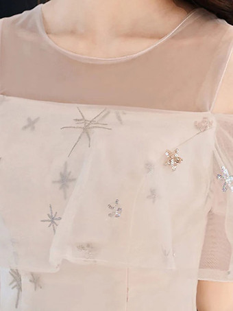 ウエディングドレスライトグレーレースイリュージョンネックラインボールガウン半袖フリルページェントドレス