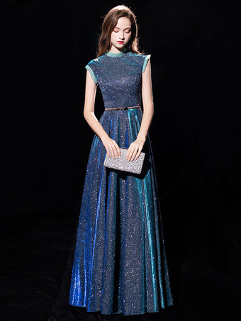ブルーイブニングドレスボールガウンジュエルネックスパンコールフロアレングスサッシュフォーマルパーティードレス