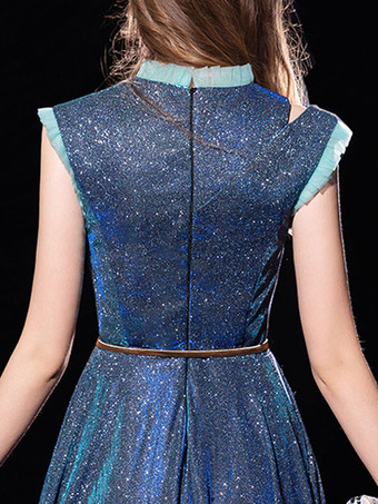 ブルーイブニングドレスボールガウンジュエルネックスパンコールフロアレングスサッシュフォーマルパーティードレス