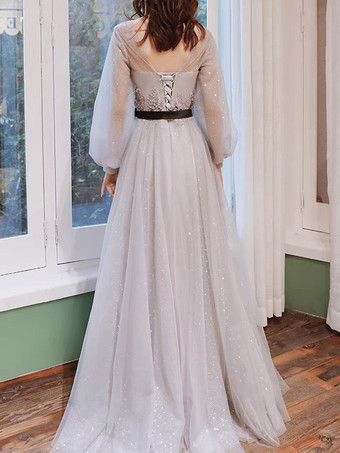 ウエディングドレスライトグレージュエルネックボールガウン長袖サッシュチュールレースアップページェントドレス