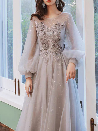 ウエディングドレスライトグレージュエルネックボールガウン長袖サッシュチュールレースアップページェントドレス