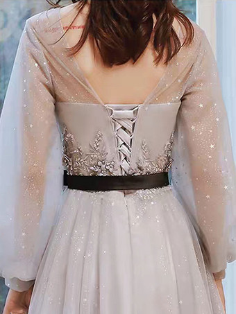 ウエディングドレスライトグレージュエルネックボールガウン長袖サッシュチュールレースアップページェントドレス