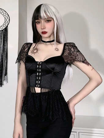 Women Gothic Blouse Square Neck Short Sleeves Black Lace Grommets Gothic Polyester T-Shirt