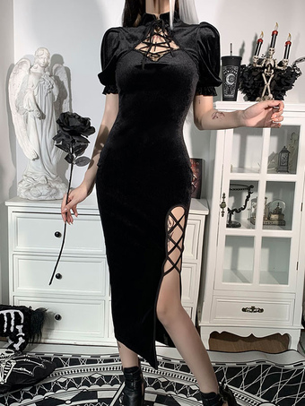 Women Gothic Cheongsam Black Pleated Short Sleeve Split Front Gothic Korean Velvet Maxi Bodycon Dress black friday deals 2024