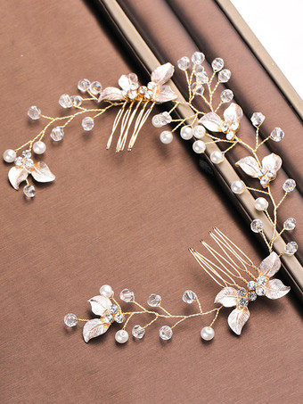 花嫁のための結婚式のかぶとアクセサリーメタルパールライトブロンドヘアアクセサリー