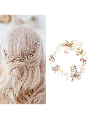 花嫁のための結婚式のかぶとアクセサリーメタルパールライトブロンドヘアアクセサリー