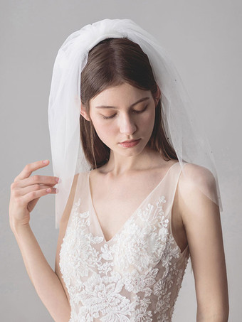 short Length Two Layer White Wedding Veil Ivory Champagne Bridal Veil Cut  Edge