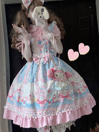 Sweet Lolita JSK Dress Poliestere senza maniche motivo floreale con stampa fiocchi senza maniche balze in pizzo gonna rosa Lolita jumper