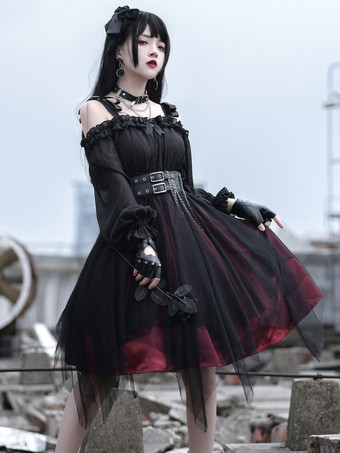 Vestido gótico Lolita OP Negro Borgoña Volantes Arcos Abierto en el hombro Manga larga Lolita Vestido de una pieza