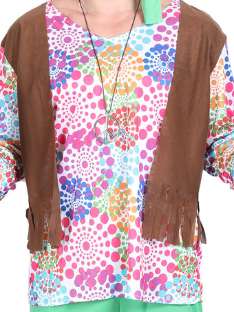 グリーンヴィンテージセットヒッピー花柄長袖ポリエステルポリエステル繊維トップレトロ衣装男性のための