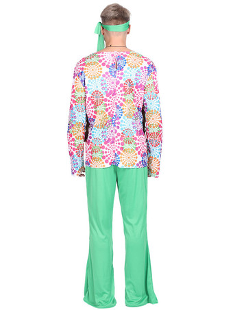 グリーンヴィンテージセットヒッピー花柄長袖ポリエステルポリエステル繊維トップレトロ衣装男性のための