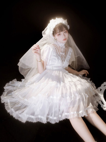 姫ロリドレス OP 半袖 ハイネック フリル リボンレ 甘ロリ 白 黒