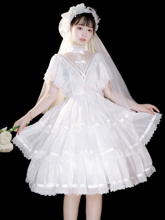 姫ロリドレス OP 半袖 ハイネック フリル リボンレ 甘ロリ 白 黒