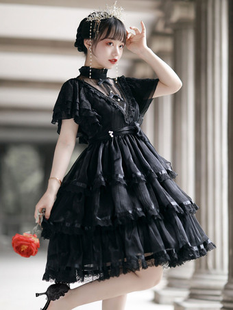 姫ロリドレス OP 半袖 ハイネック フリル リボンレ 甘ロリ 白 黒