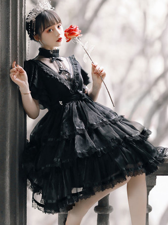Sweet Lolita OP Dress Poliéster Mangas cortas Volantes Lazos Encaje Blanco Lolita Vestido de una pieza