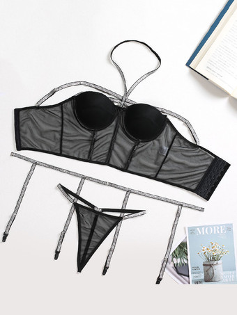 Sujetadores Lencería para mujer Sujetador de poliéster de encaje negro Medias Panty Conjunto de 3 piezas
